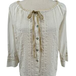 Vtg Milkmaid Cottagecore Button Down Embroidered Long Sleeve Top Womens M White